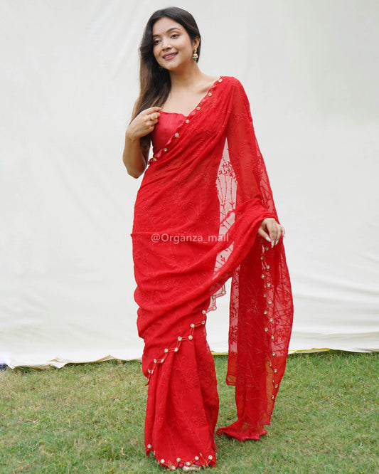 Celebrate Diwali in Style with Our Majestic Chikankari and Handwork Saree in Cherry Red