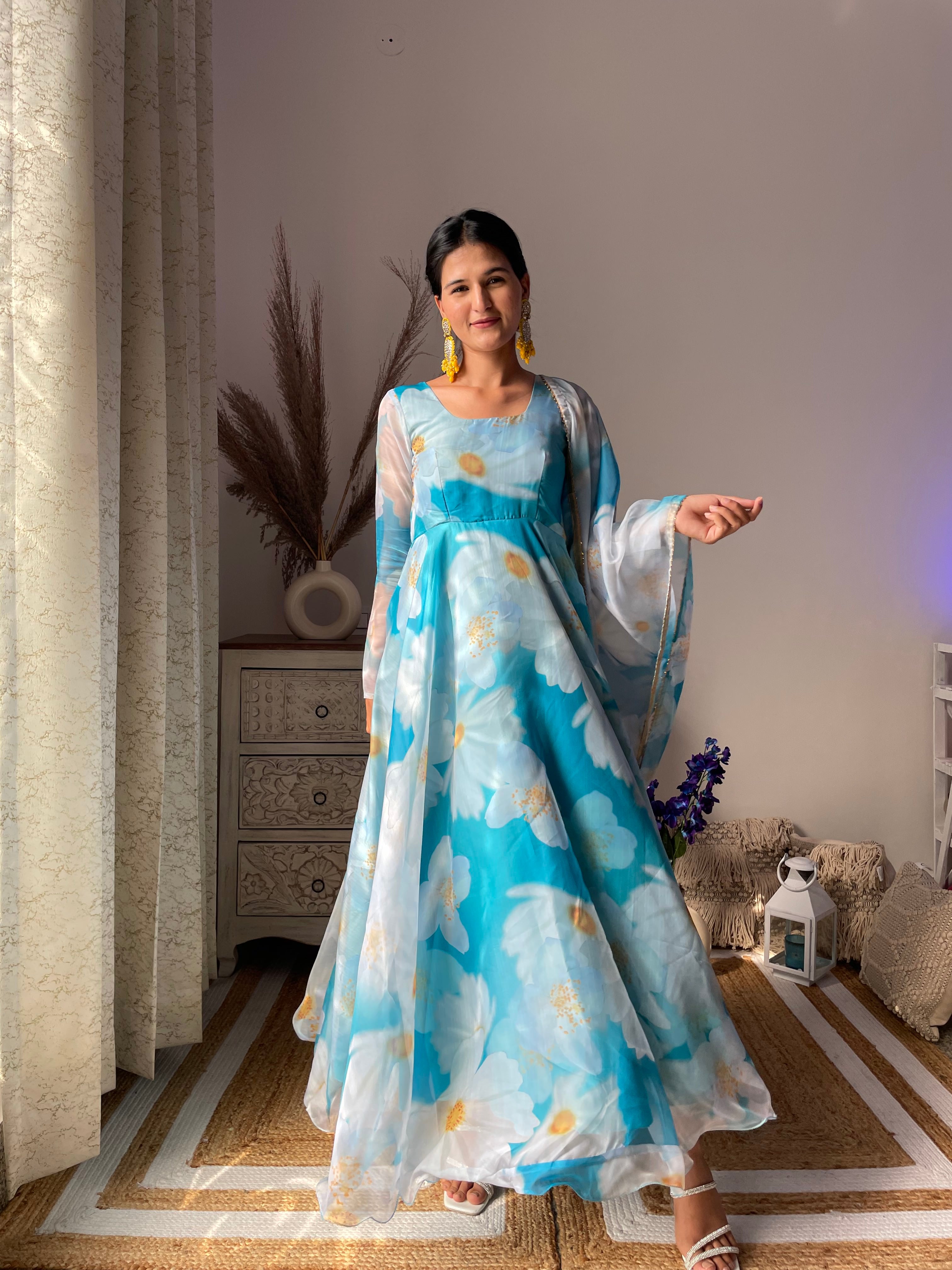Blue Floral Digital Printed Pure organza Gown Organza Mall Blue Floral Digital Printed Pure organza Gown Organza Mall