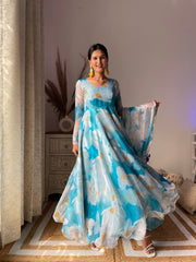 Blue Floral Digital Printed Pure organza Gown