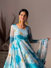 Blue Floral Digital Printed Pure organza Gown