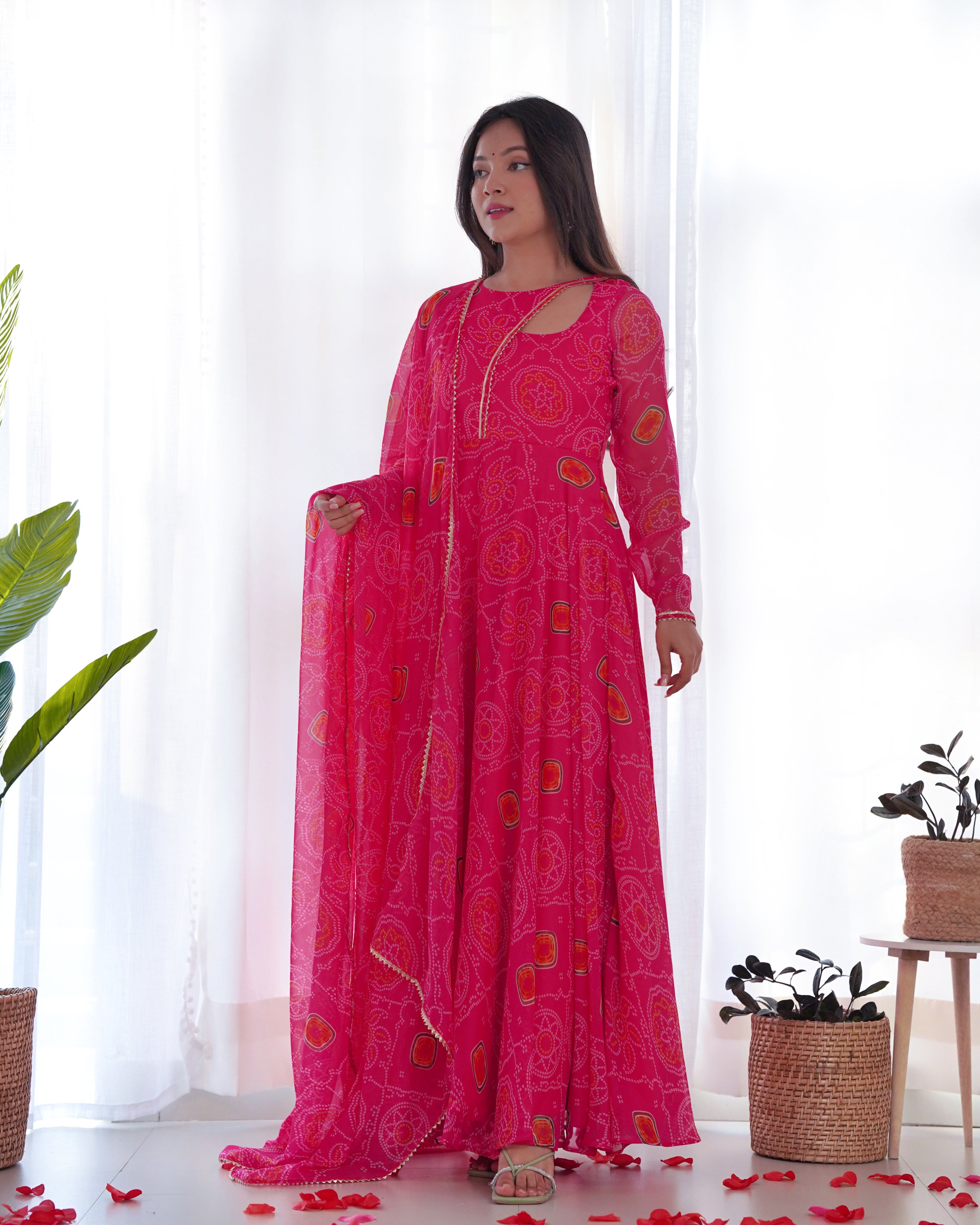 Red Readymade Bandhej Print Chiffon Anarkali Suit