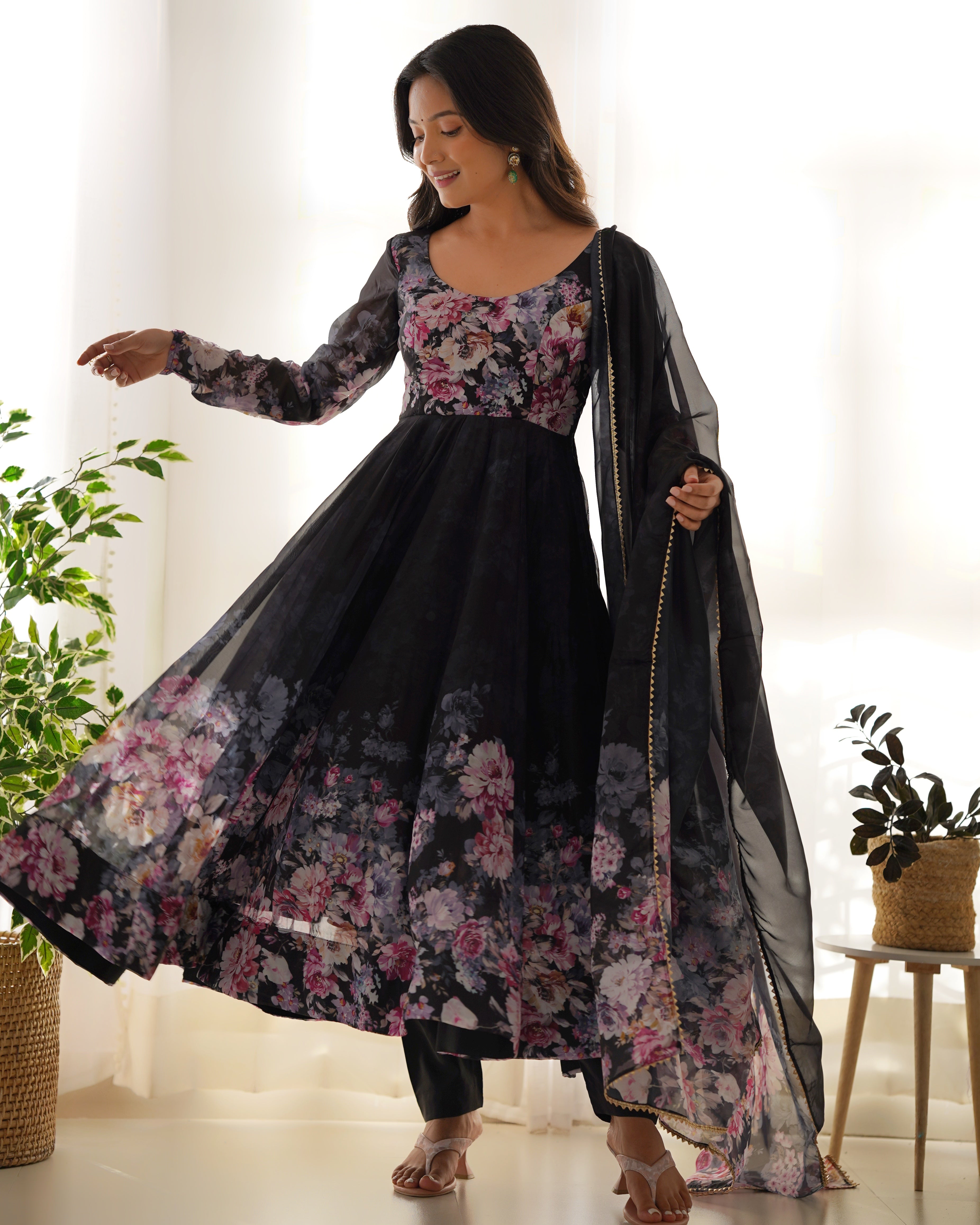 organza anarkali dress Multi Color Floral Printed Organza Anarkali Suit Set (60-OniunPink-AFNKB)