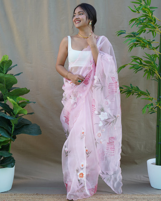 Flower Hand Printed Organza Saree