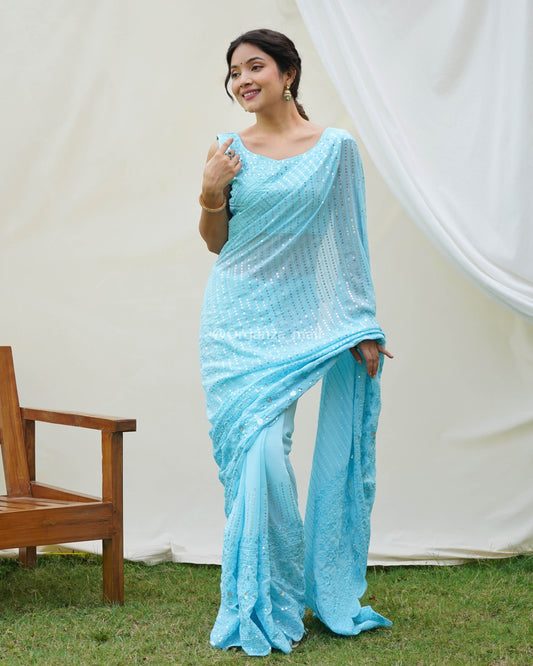 Radiant Blue Sequence Worked Heavy Georgette Saree