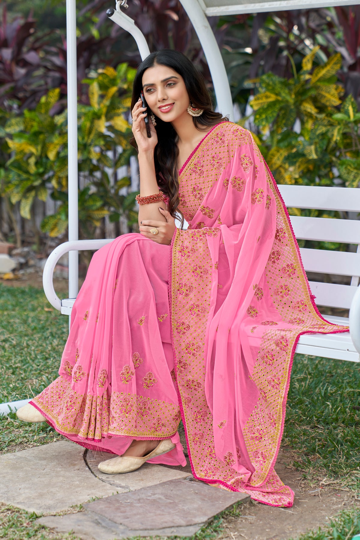 Flower Butti Embroidery Worked Baby Pink Color Georgette Saree