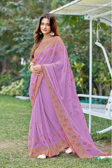 Flower Butti Embroidery Worked Lavender Color Georgette Saree
