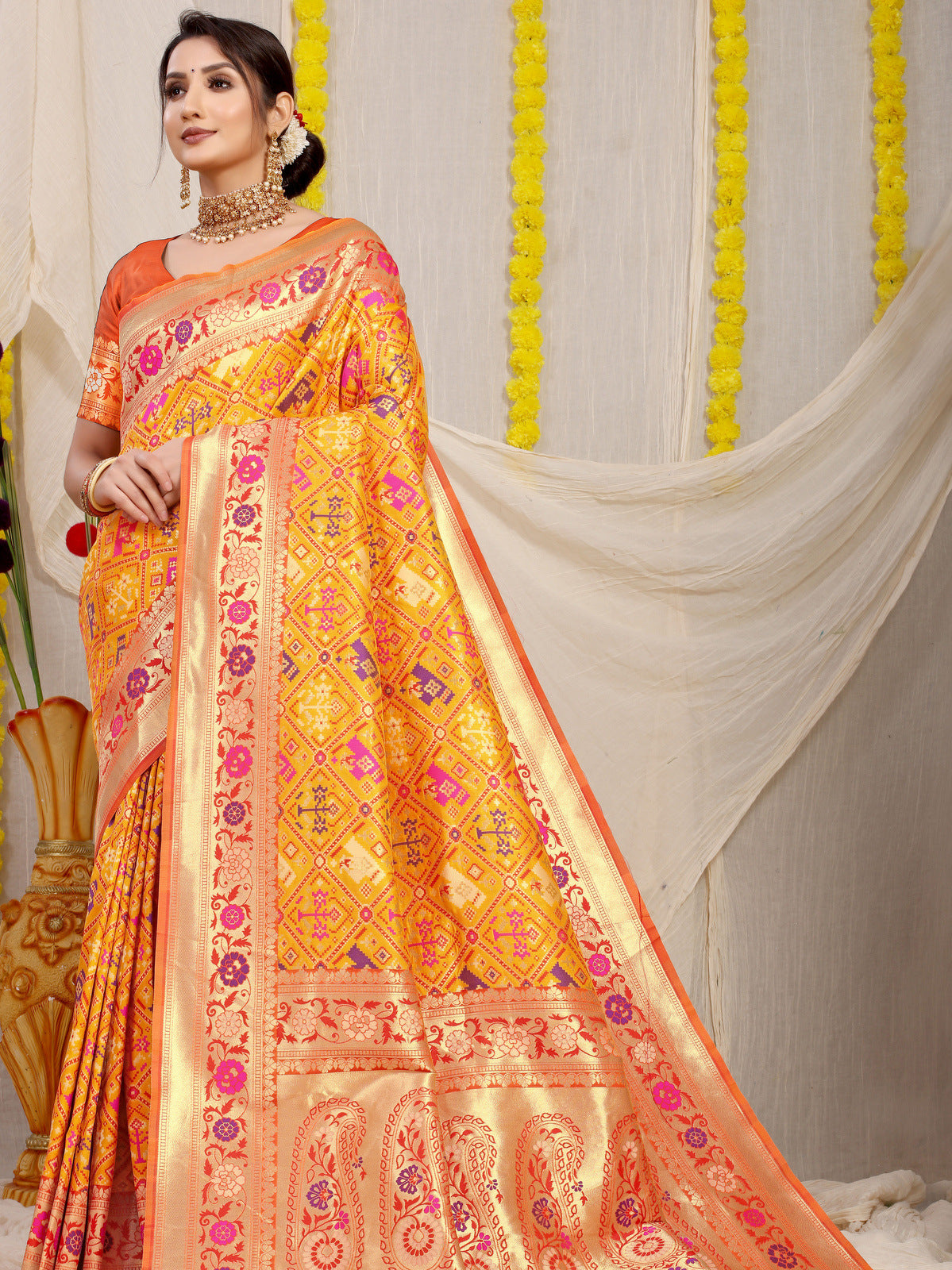 Vasudha Chex Golden Zari Worked Heavy Banarasi Mustard Saree