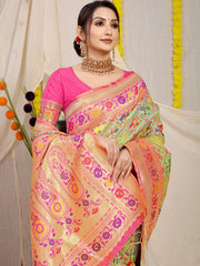 Vasudha Chex Golden Zari Worked Heavy Banarasi Light Pista Saree