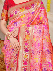 Vasudha Chex Golden Zari Worked Heavy Banarasi Gajri Pink Saree