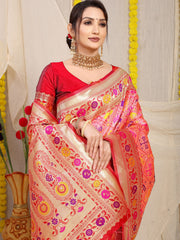 Vasudha Chex Golden Zari Worked Heavy Banarasi Gajri Pink Saree