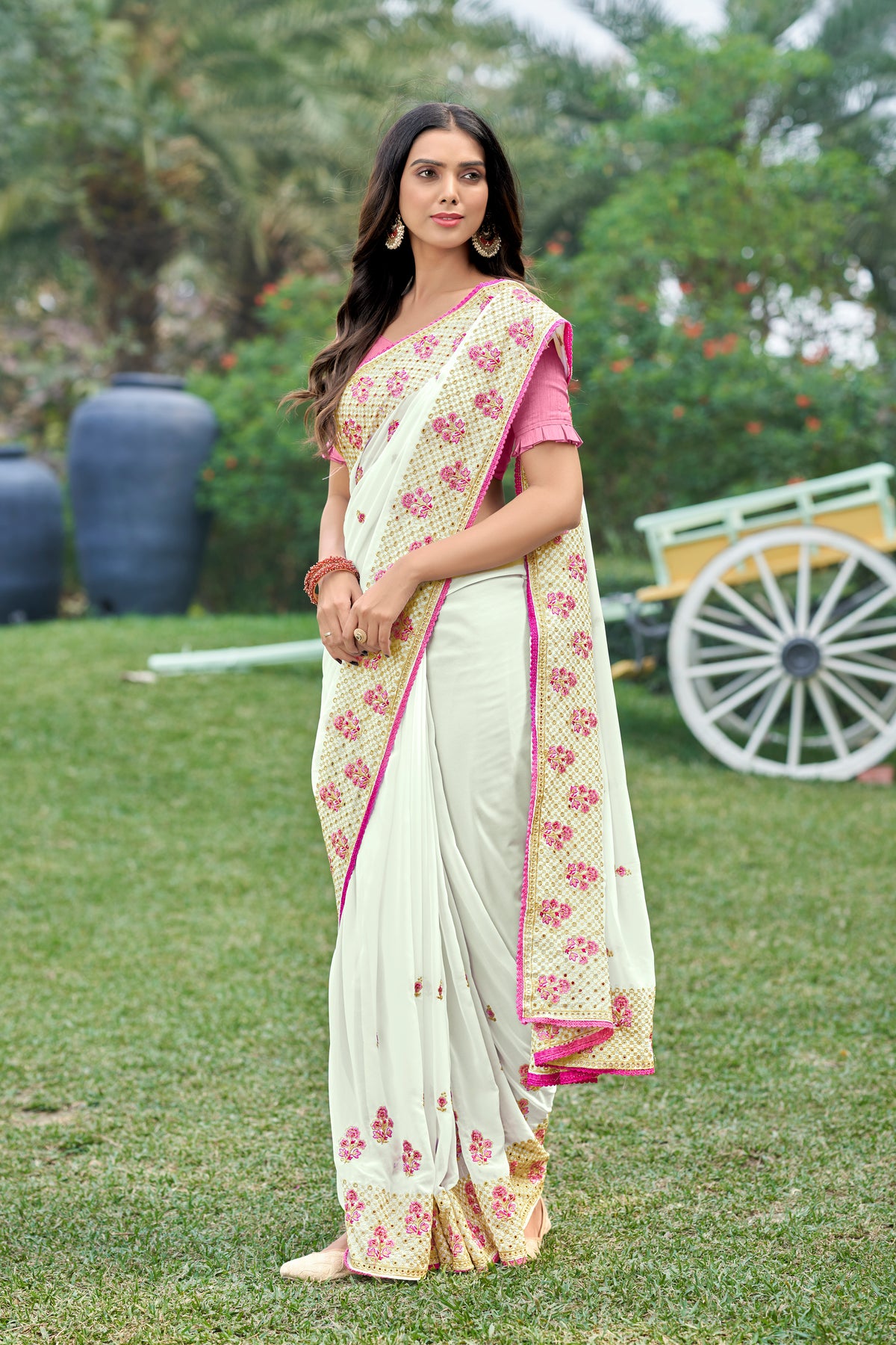 Flower Butti Embroidery Worked White Color Georgette Saree