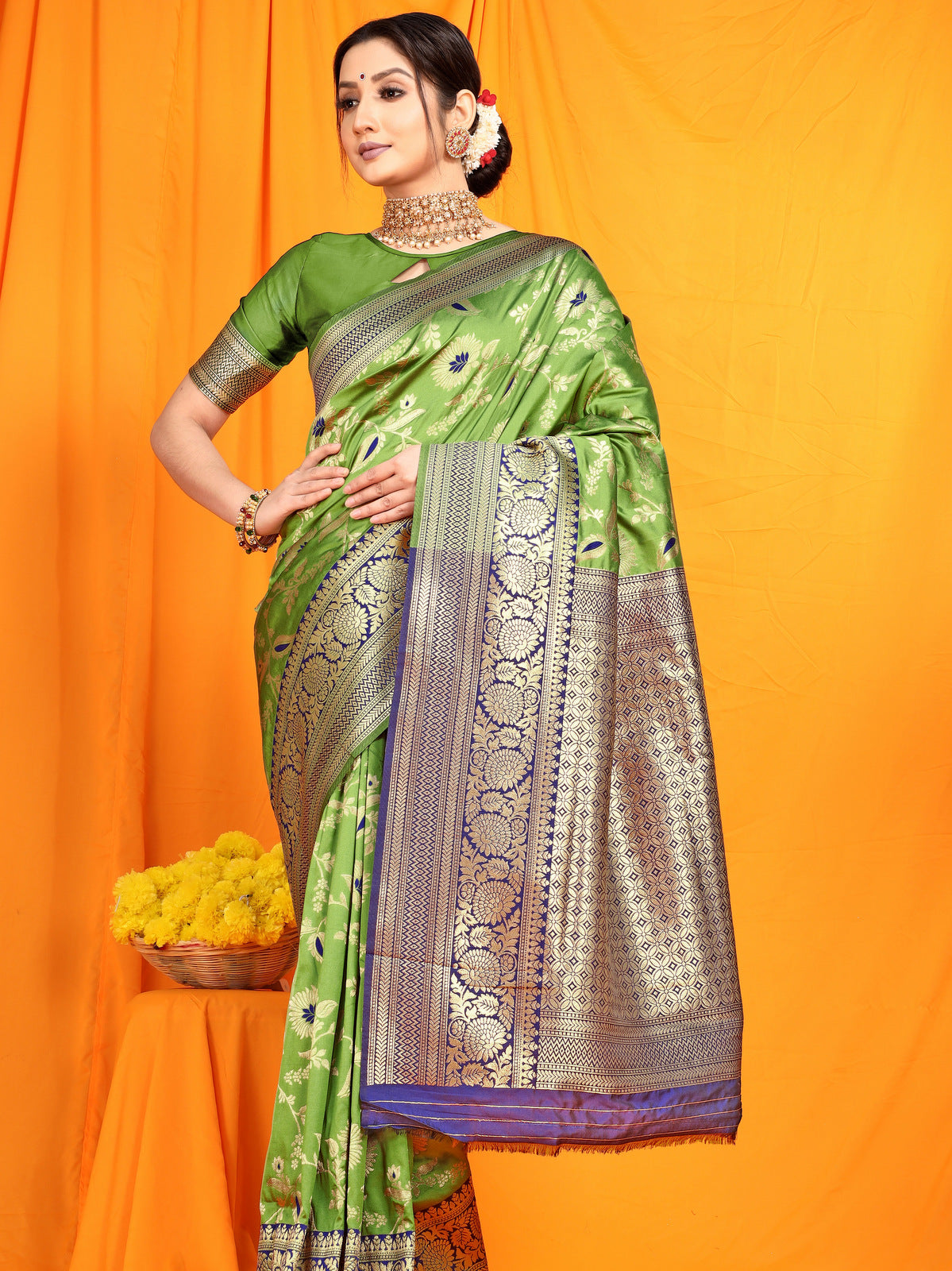 Surabhi Sunflower Golden Zari Worked Heavy Banarasi Green Saree