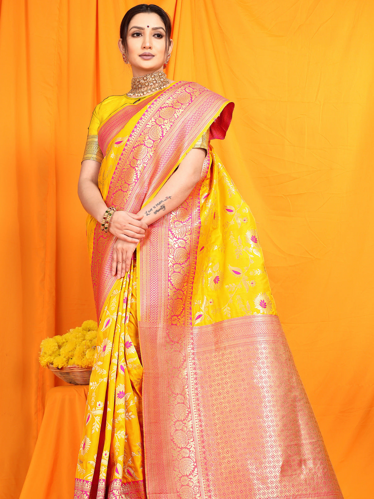 Mustard Yellow Golden Zari Banarasi Silk Saree - House of Vardha