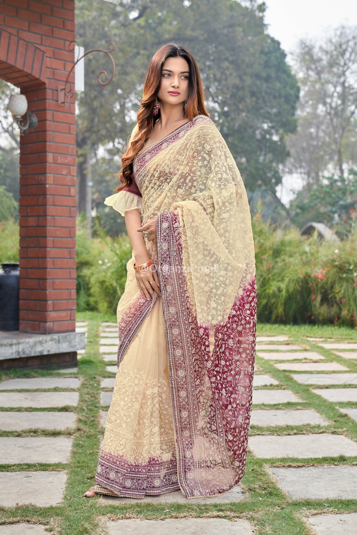 Buy Maroon Organza Embroidered Saree With Blouse For Women by Ease Online  at Aza Fashions.