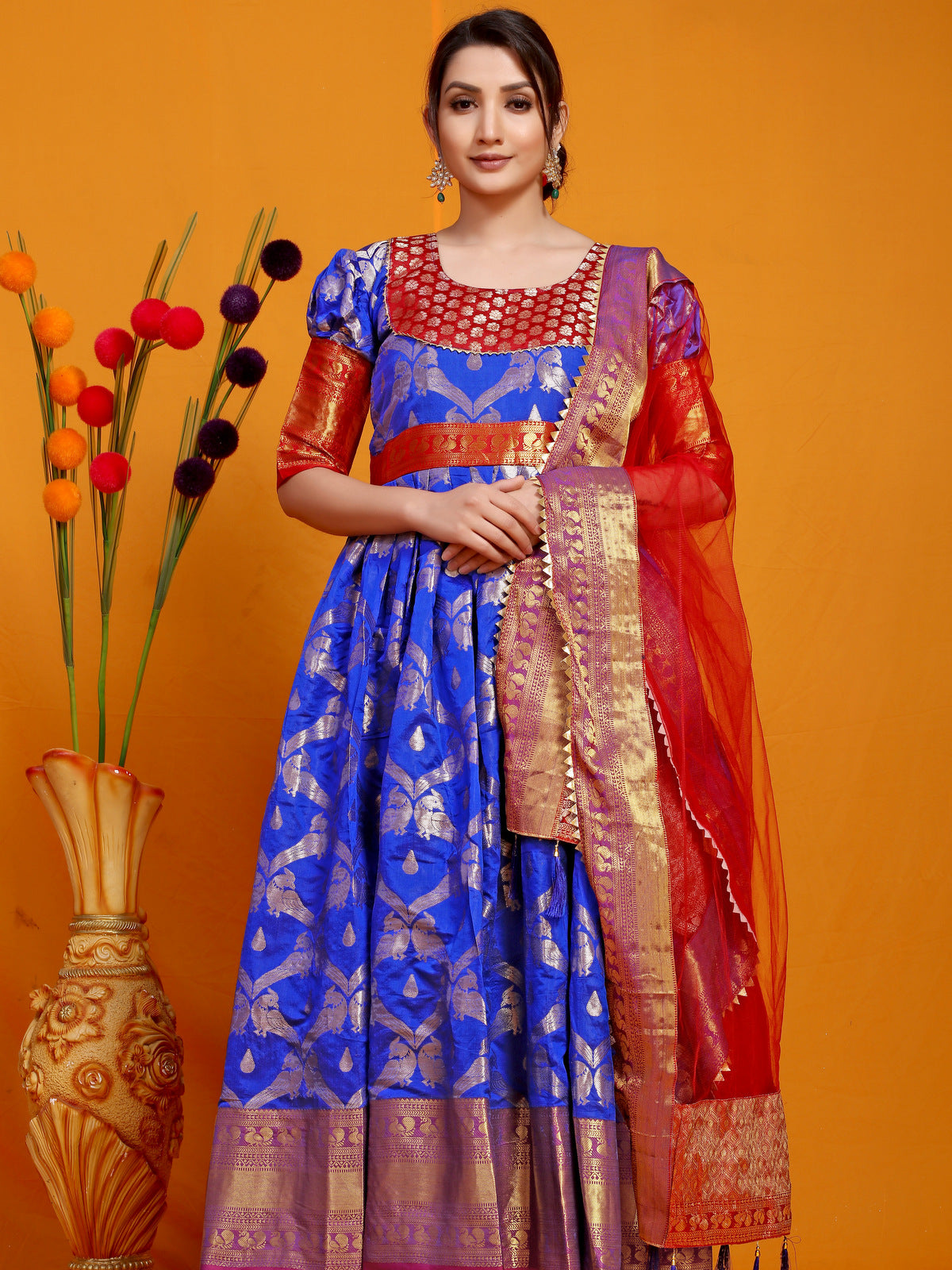 Dark blue Anarkali with pink pattu border and green dupatta | Indian gowns  dresses, Long gown design, Kids designer dresses