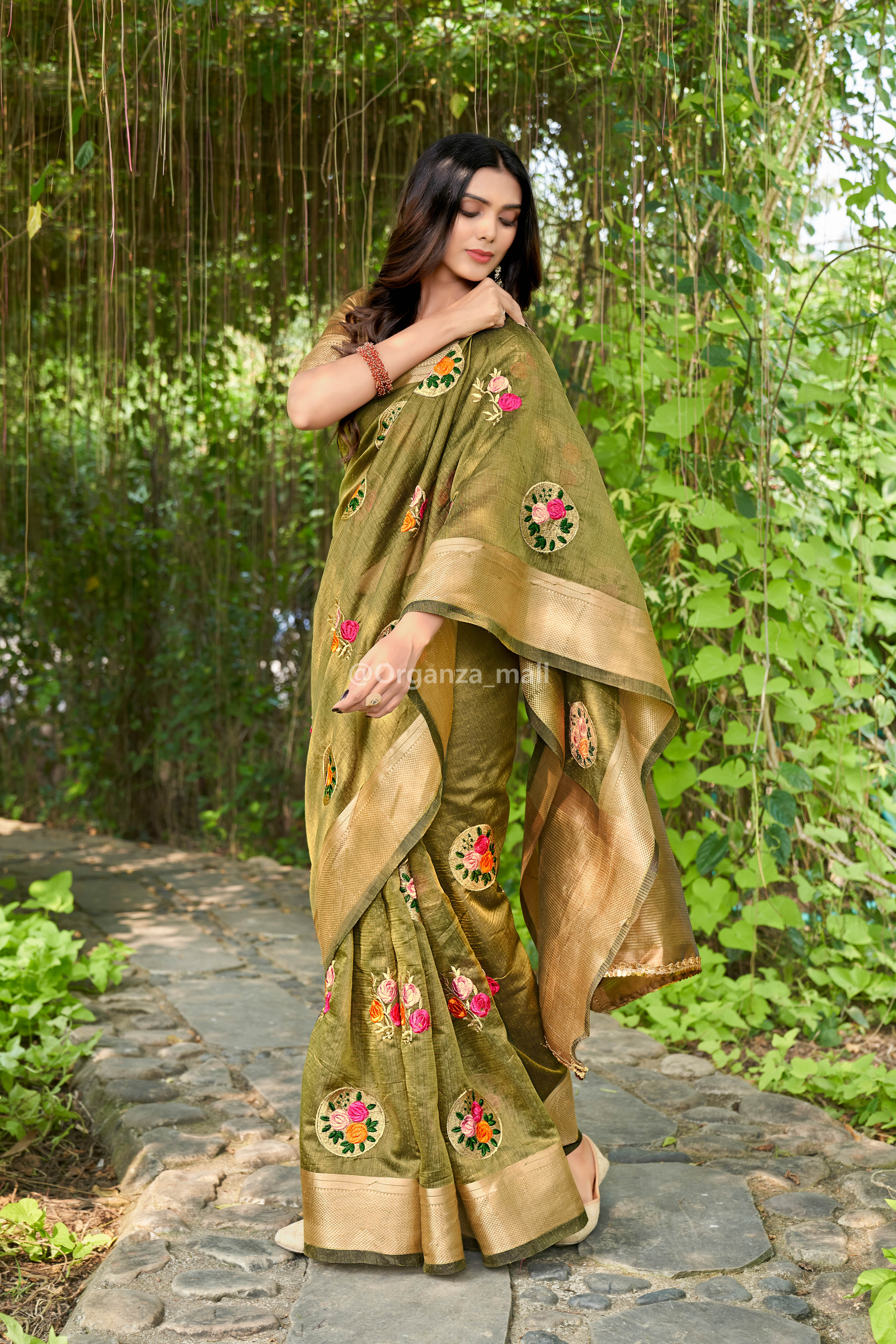 Embroidered Forest Green Saree With Contrast Blouse