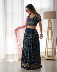 Beautiful Blue Heavy Sequence Work Georgette Bridal Lehenga