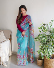 Cold Blue Printed And Aari Sequence Worked Pure Organza Saree
