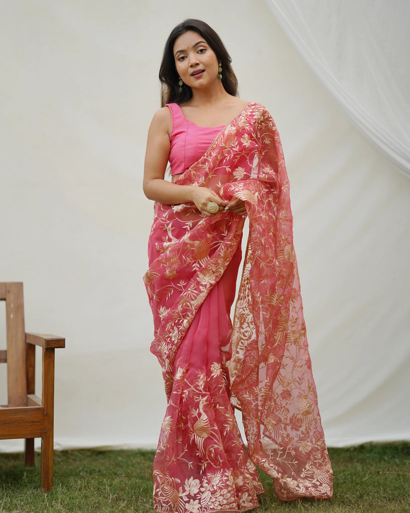 Minimalist Chiffon Saree x Lace Border : Rouge main image 0