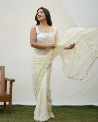 Majestic chikankari and handwork heavy georgette off white saree