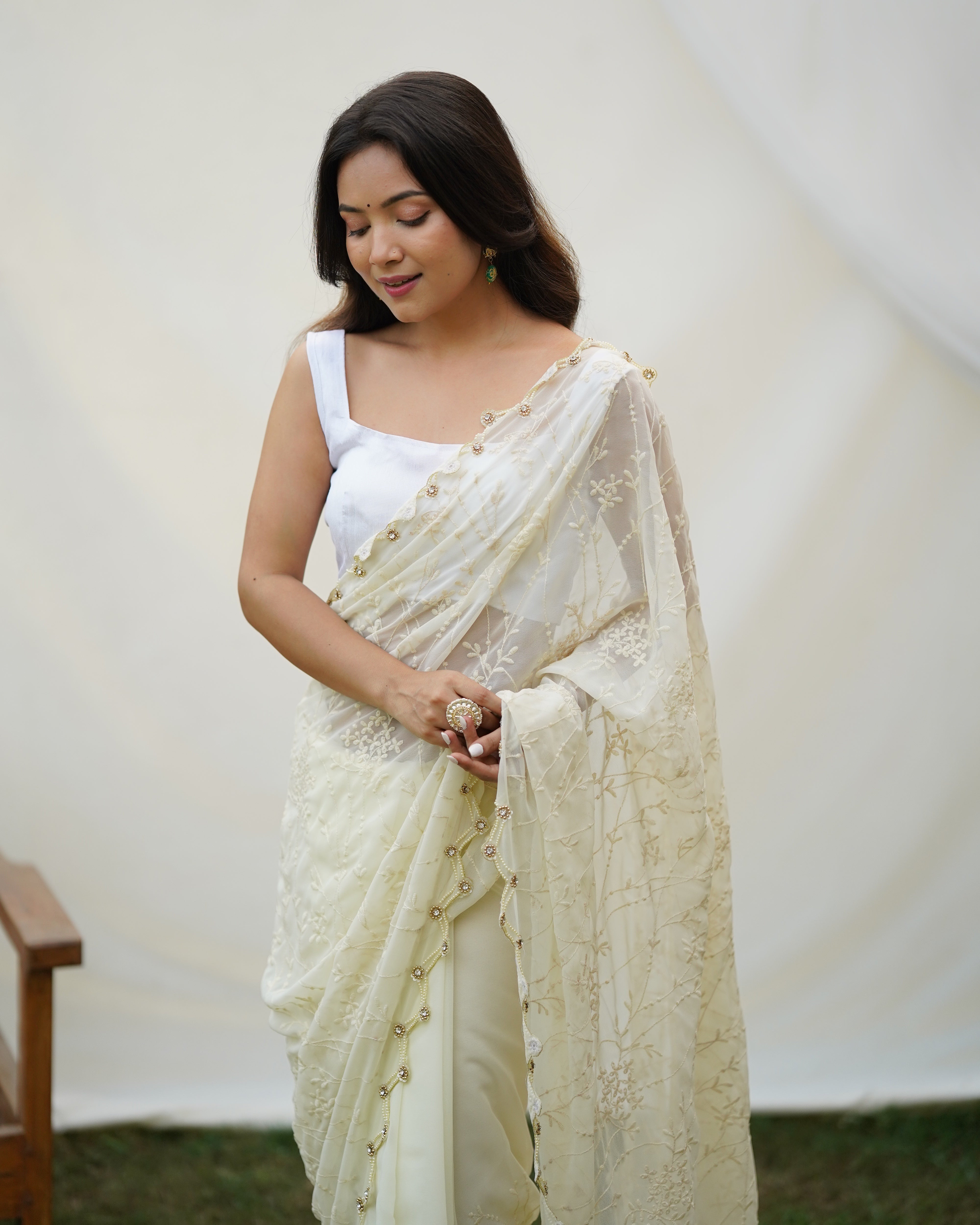 White Cream Sari Georgette Saree Women Saree Blouse Sequence Work Bollywood  Sari | eBay