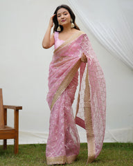 Gazing Light Pink Sequence Worked Pure Organza Saree