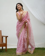 Gazing Light Pink Sequence Worked Pure Organza Saree