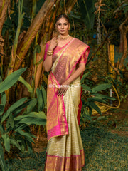 Ivory White Zari Worked With Royal Pink Color Pure Banarasi saree