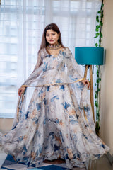 Yutika Off-White Digital Printed Pure Organza Anarkali