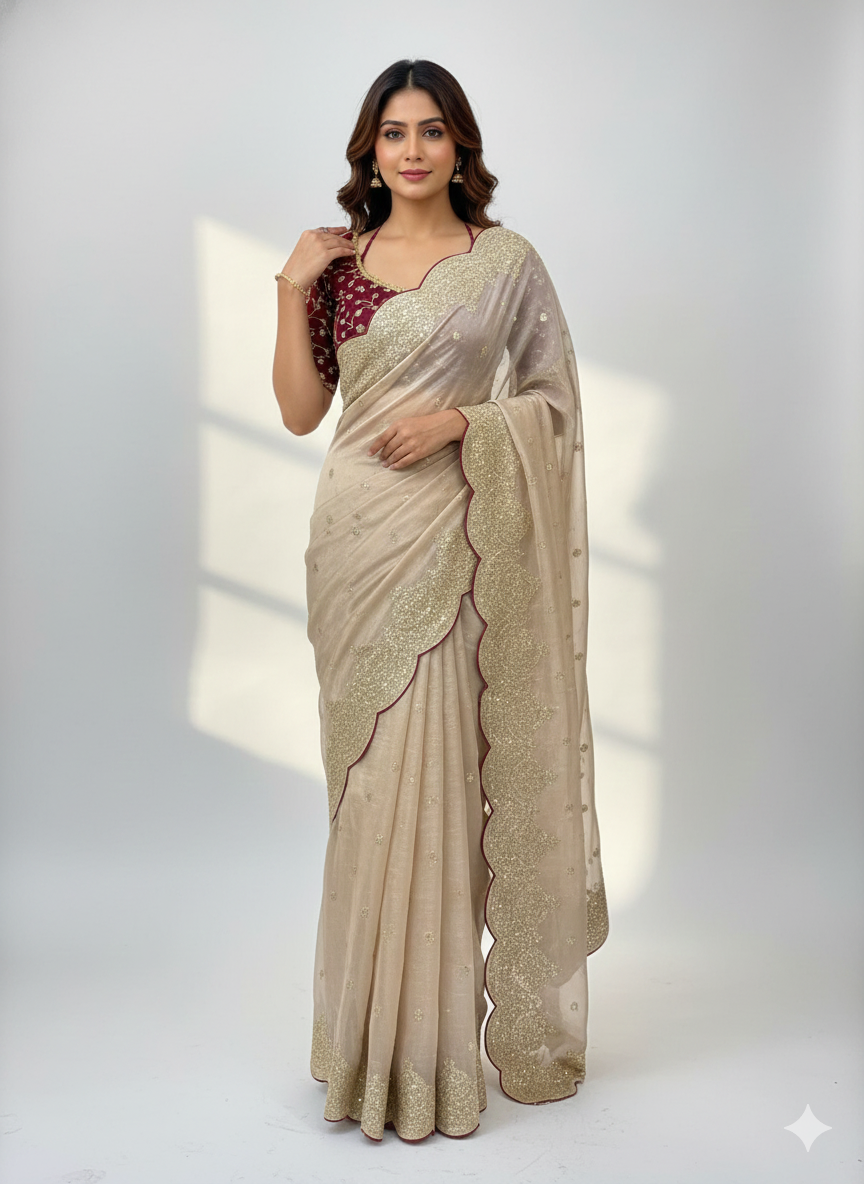 Beige Color Pure Soft Fendy Chiffon Embroidery Work Saree With Blouse