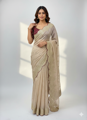 Beige Color Pure Soft Fendy Chiffon Embroidery Work Saree With Blouse