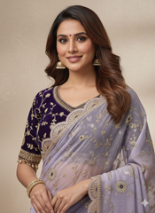 Lavender Color Pure Fendy Satin Silk Heavy Embroidery Work Saree With blouse