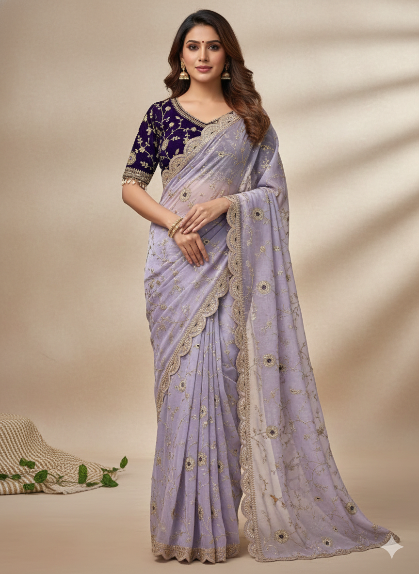 Lavender Color Pure Fendy Satin Silk Heavy Embroidery Work Saree With blouse