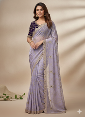 Lavender Color Pure Fendy Satin Silk Heavy Embroidery Work Saree With blouse