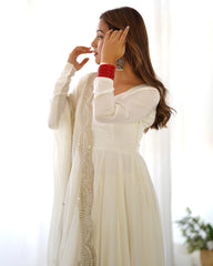 Divine White Heavy Roman Silk Chanderi Anarkali Gown