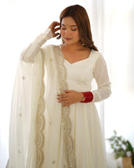 Divine White Heavy Roman Silk Chanderi Anarkali Gown