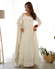 Divine White Heavy Roman Silk Chanderi Anarkali Gown