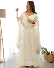 Divine White Heavy Roman Silk Chanderi Anarkali Gown