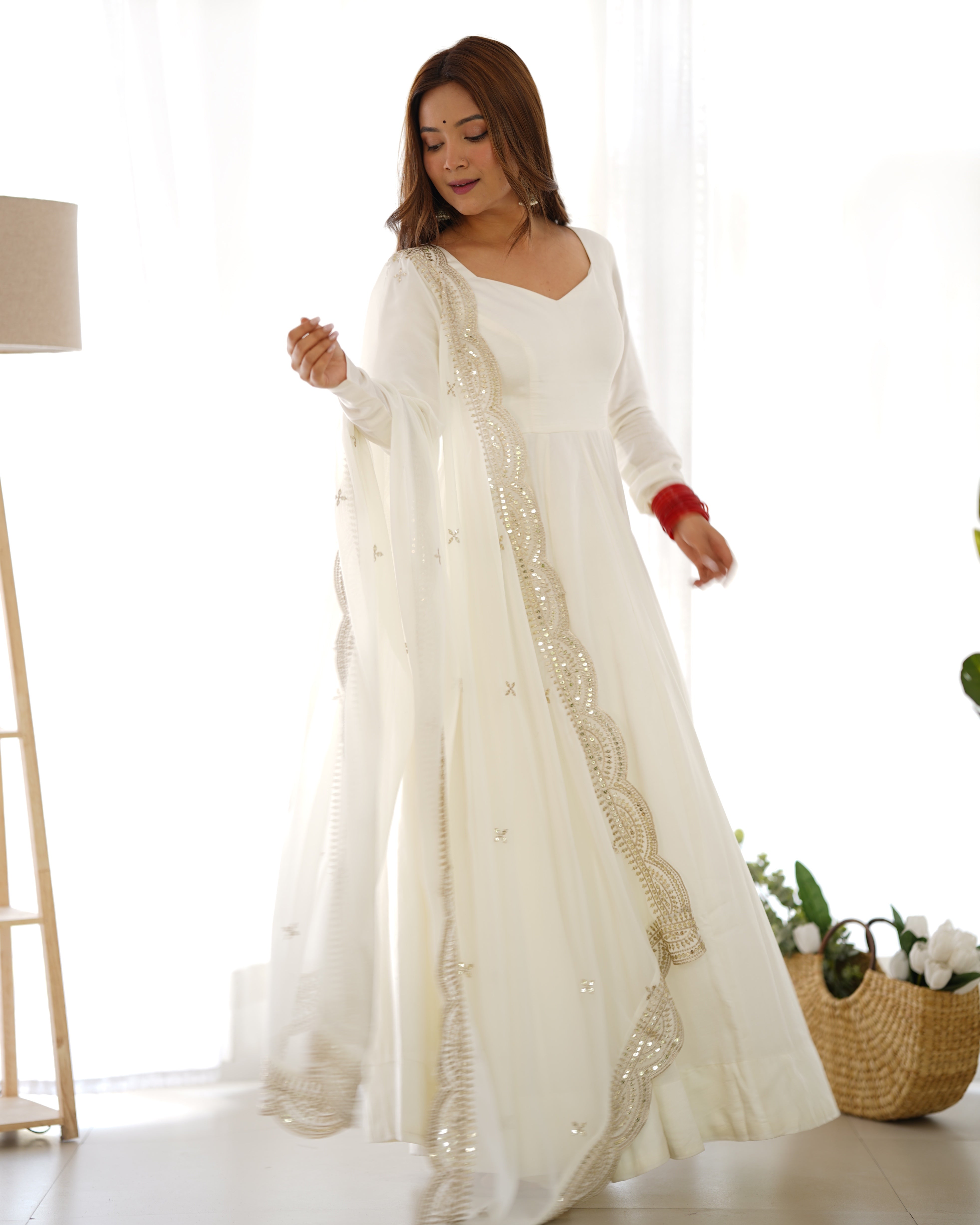 Divine White Heavy Roman Silk Chanderi Anarkali Gown – Organza Mall
