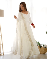 Divine White Heavy Roman Silk Chanderi Anarkali Gown