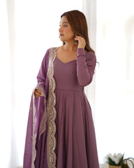 Divine Mulberry Pink Colored Heavy Roman Silk Chanderi Anarkali Gown