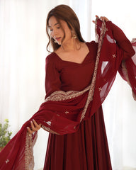 Divine Maroon Colored Heavy Roman Silk Chanderi Anarkali Gown