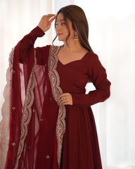 Divine Maroon Colored Heavy Roman Silk Chanderi Anarkali Gown