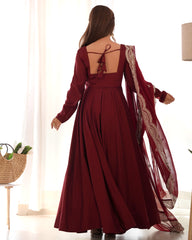 Divine Maroon Colored Heavy Roman Silk Chanderi Anarkali Gown