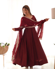 Divine Maroon Colored Heavy Roman Silk Chanderi Anarkali Gown