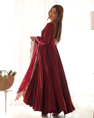 Divine Maroon Colored Heavy Roman Silk Chanderi Anarkali Gown