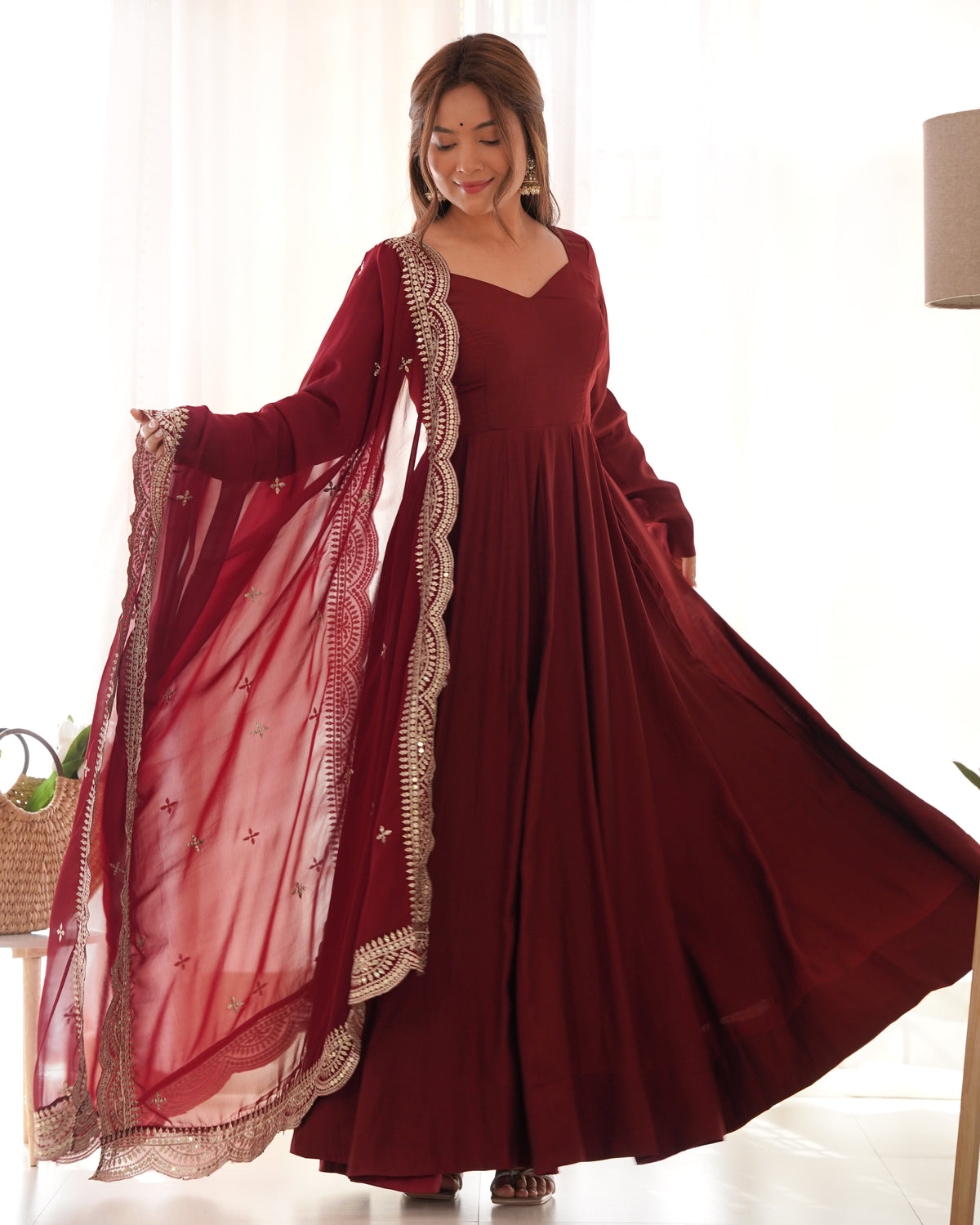 Divine Maroon Colored Heavy Roman Silk Chanderi Anarkali Gown