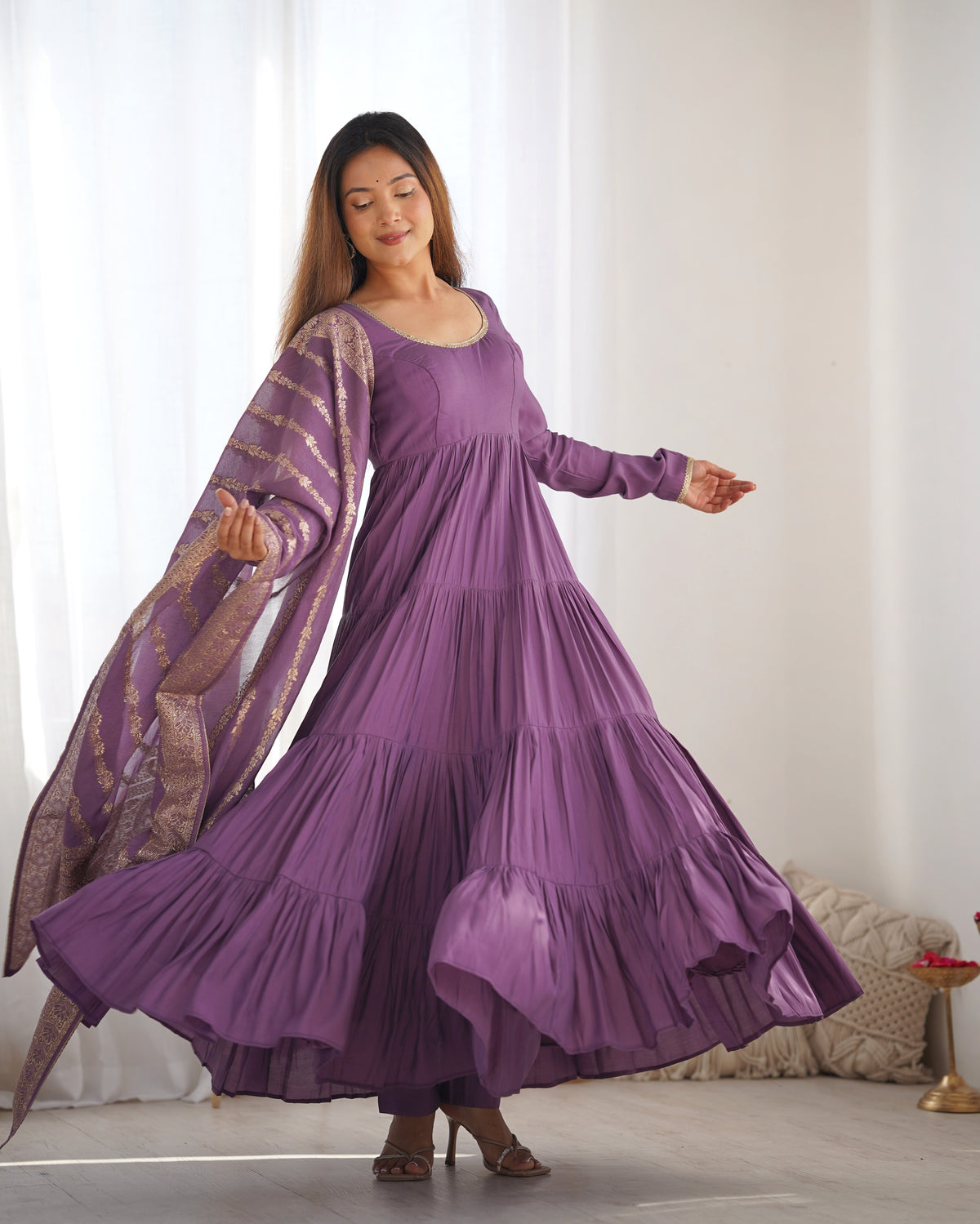Classic Purple Mauve Chanderi Anarkali With Banarasi Jacquard Work Dupatta