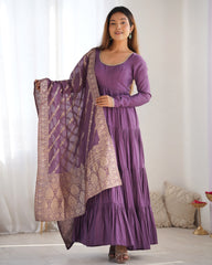Classic Purple Mauve Chanderi Anarkali With Banarasi Jacquard Work Dupatta