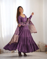 Classic Purple Mauve Chanderi Anarkali With Banarasi Jacquard Work Dupatta